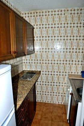 Cuisine équipée avec grand réfrigérateur, micro-ondes, taque électrique et lave-linge.